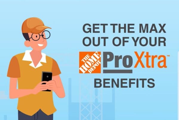 A still from the Home Depot Explainer Animation; in a 2D Animated style, a happy customer smiles holding their phone and text reads "Get the MAX out of your Pro Xtra Benefits from Home Depot"